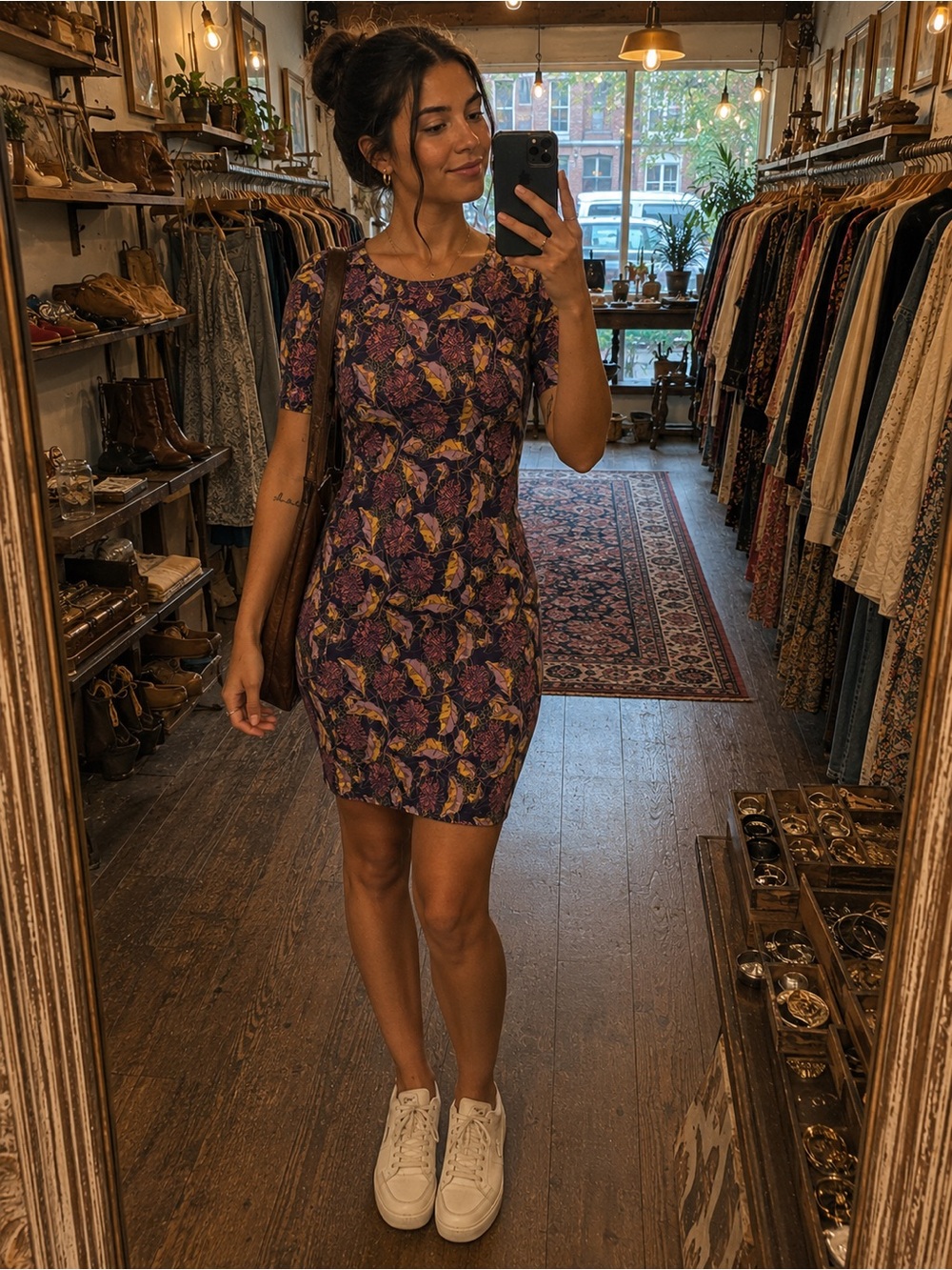 Purple Floral Short Sleeve Midi Dress